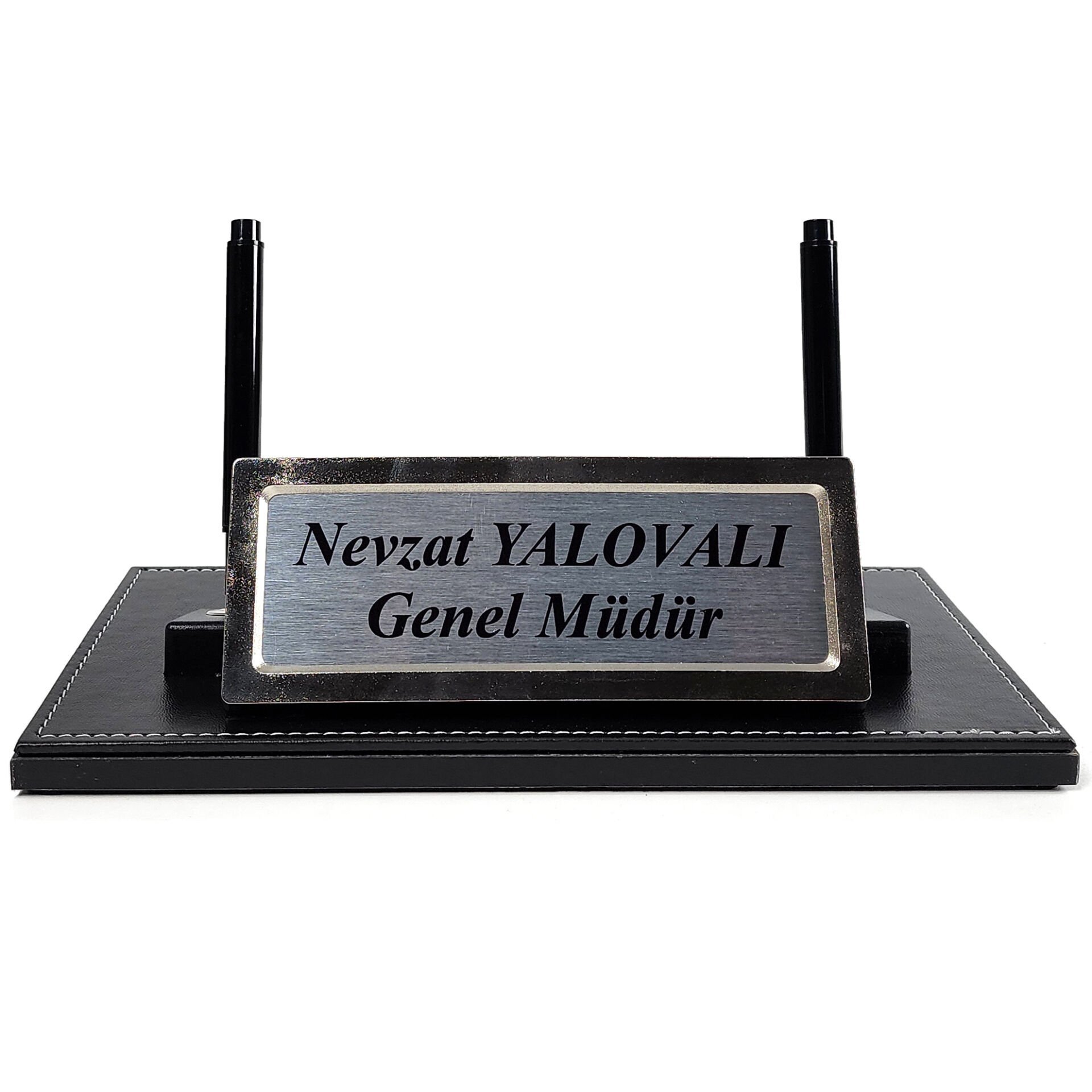 Prozenis PR2650 Krom Detaylı Siyah Deri Masa Üstü İsimlik Masa İsimliği