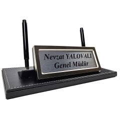 Prozenis PR2650 Krom Detaylı Siyah Deri Masa Üstü İsimlik Masa İsimliği