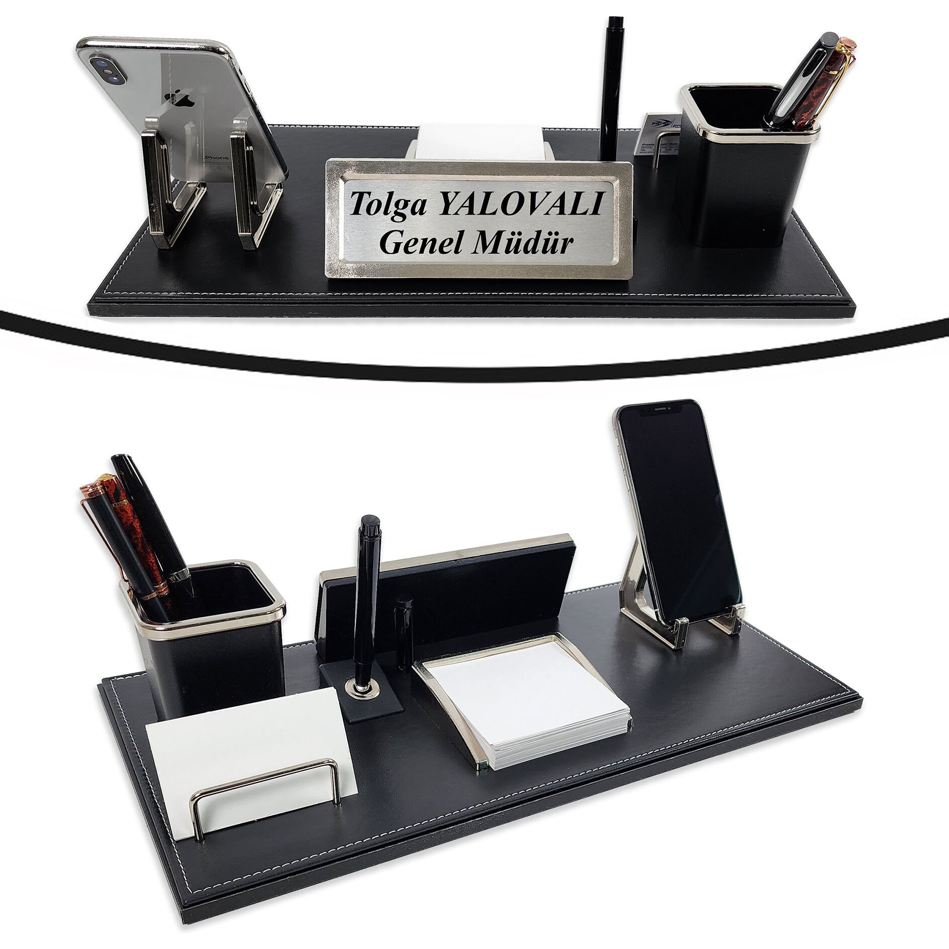 Akat Siyah Renk Deri Vip Ofis Masa Üstü İsimliği Seti
