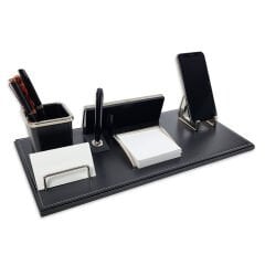 Akat Siyah Renk Deri Vip Ofis Masa Üstü İsimliği Seti