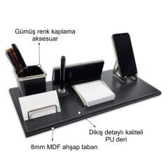 Akat Siyah Renk Deri Vip Ofis Masa Üstü İsimliği Seti