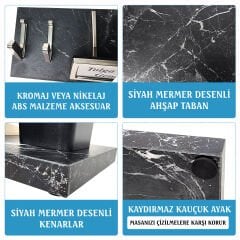Vizyon Siyah Mermer Desenli Lüks Ahşap Ofis Masa İsimliği Kalemlik Seti