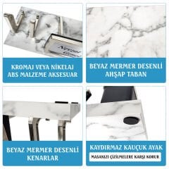 Vizyon Beyaz Mermer Desenli Lüks Ahşap Ofis Masa İsimliği Kalemlik Seti