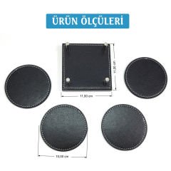 Prozenis PR4217 Lüks Ahşap Standlı Yuvarlak Deri Bardak ve Çay Tabağı Altlığı