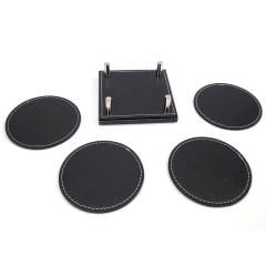 Prozenis PR4217 Lüks Ahşap Standlı Yuvarlak Deri Bardak ve Çay Tabağı Altlığı