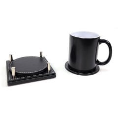 Prozenis PR4217 Lüks Ahşap Standlı Yuvarlak Deri Bardak ve Çay Tabağı Altlığı