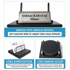 Aksu Gümüş Renk Aksesuarlı Ahşap Deri İsimlikli Lüks Siyah Sümen Takımı