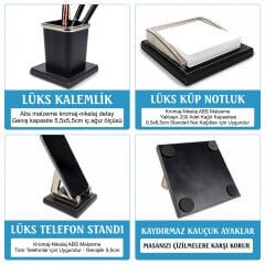 Aksu Gümüş Renk Aksesuarlı Ahşap Deri İsimlikli Lüks Siyah Sümen Takımı