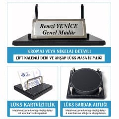 Master Ahşap-Deri Lüks Siyah Sümen Takımı Krom Detaylı İsimlikli Evrak Raflı