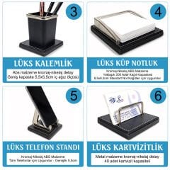 Melen Lüks Siyah Ahşap-Deri Sümen Takımı Masa İsimlikli 6 Parça Ofis Sümen Seti