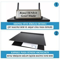 Melen Lüks Siyah Ahşap-Deri Sümen Takımı Masa İsimlikli 6 Parça Ofis Sümen Seti