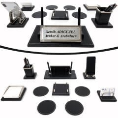 Nevada Lüks Ahşap-Deri Masaüstü Ofis Masa İsimliği  Seti – Krom Detaylı, İsimlikli Yeni İş ofis Hediyesi