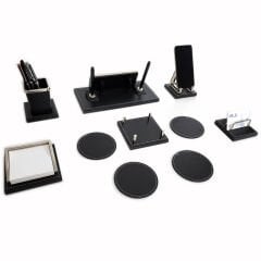 Nevada Lüks Ahşap-Deri Masaüstü Ofis Masa İsimliği  Seti – Krom Detaylı, İsimlikli Yeni İş ofis Hediyesi