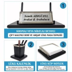 Nevada Lüks Ahşap-Deri Masaüstü Ofis Masa İsimliği  Seti – Krom Detaylı, İsimlikli Yeni İş ofis Hediyesi