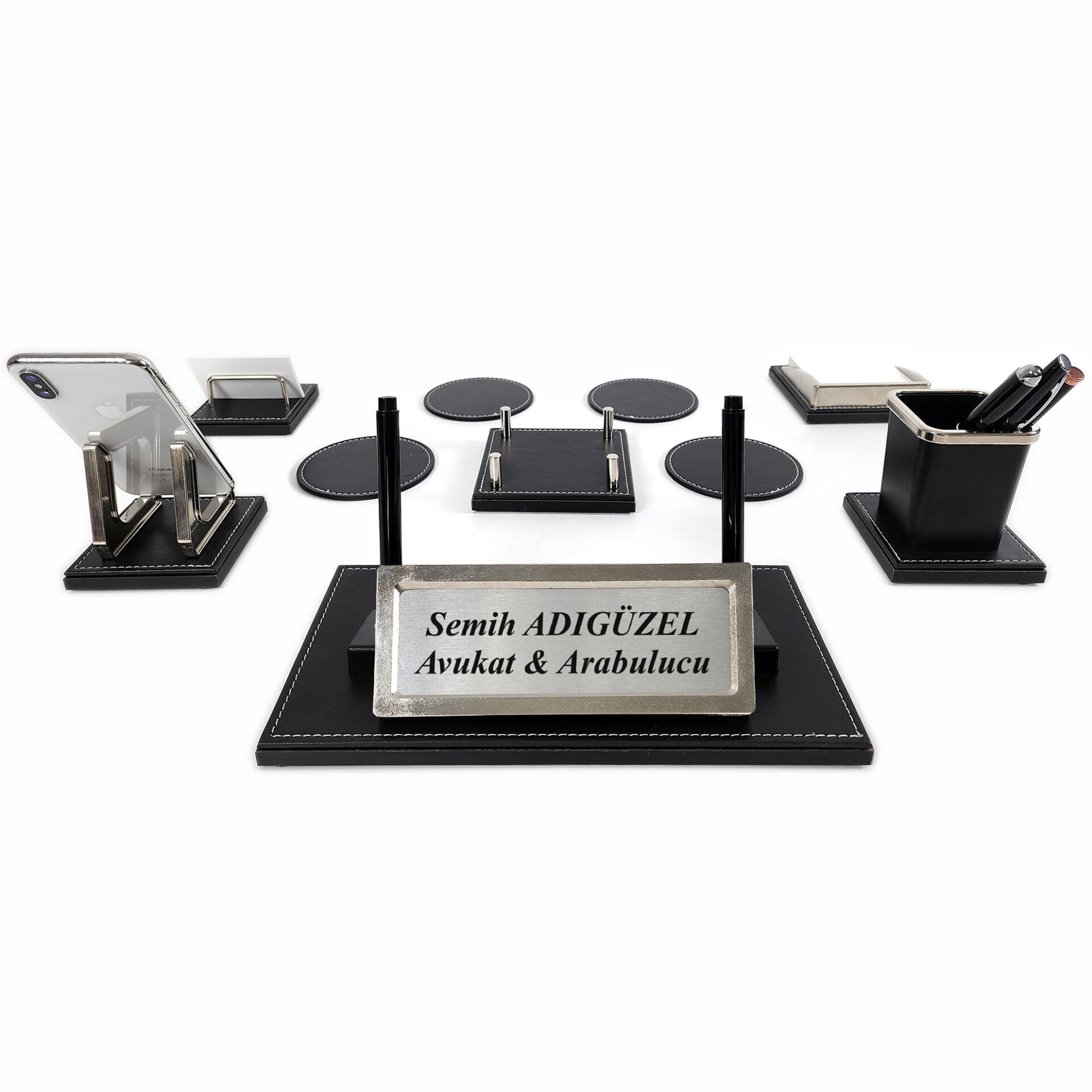 Nevada Lüks Ahşap-Deri Masaüstü Ofis Masa İsimliği  Seti – Krom Detaylı, İsimlikli Yeni İş ofis Hediyesi