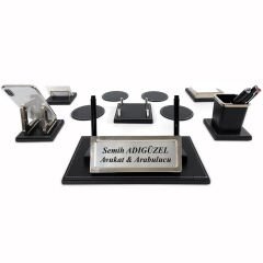 Nevada Lüks Ahşap-Deri Masaüstü Ofis Masa İsimliği  Seti – Krom Detaylı, İsimlikli Yeni İş ofis Hediyesi