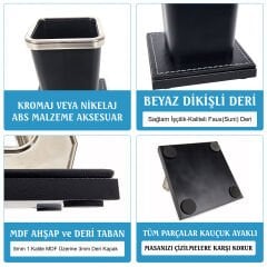 Truva Krom Detaylı Lüks Ofis Masaüstü İsimlik Seti – 7 Parça Siyah Evrak Raflı