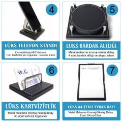 Truva Krom Detaylı Lüks Ofis Masaüstü İsimlik Seti – 7 Parça Siyah Evrak Raflı