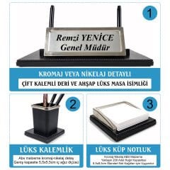 Truva Krom Detaylı Lüks Ofis Masaüstü İsimlik Seti – 7 Parça Siyah Evrak Raflı