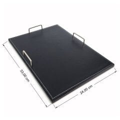 Prozenis PR4293 Ofis Masaüstü Siyah Deri A4 Tekli Evrak Rafı Ahşap Tabanlı Krom Detaylı