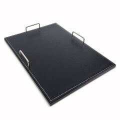 Prozenis PR4293 Ofis Masaüstü Siyah Deri A4 Tekli Evrak Rafı Ahşap Tabanlı Krom Detaylı