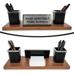 Nevila Lüks Ahşap Desenli Kahve Masaüstü İsimlik ve Kalemlik Seti