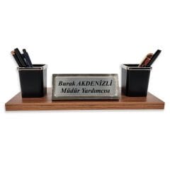 Nevila Lüks Ahşap Desenli Kahve Masaüstü İsimlik ve Kalemlik Seti