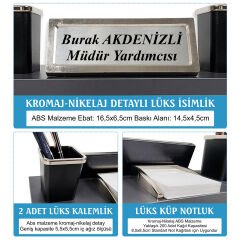 Nevila Antrasit Renk Lüks Krom Detaylı Masa İsimliği Kalemlik Notluk Seti