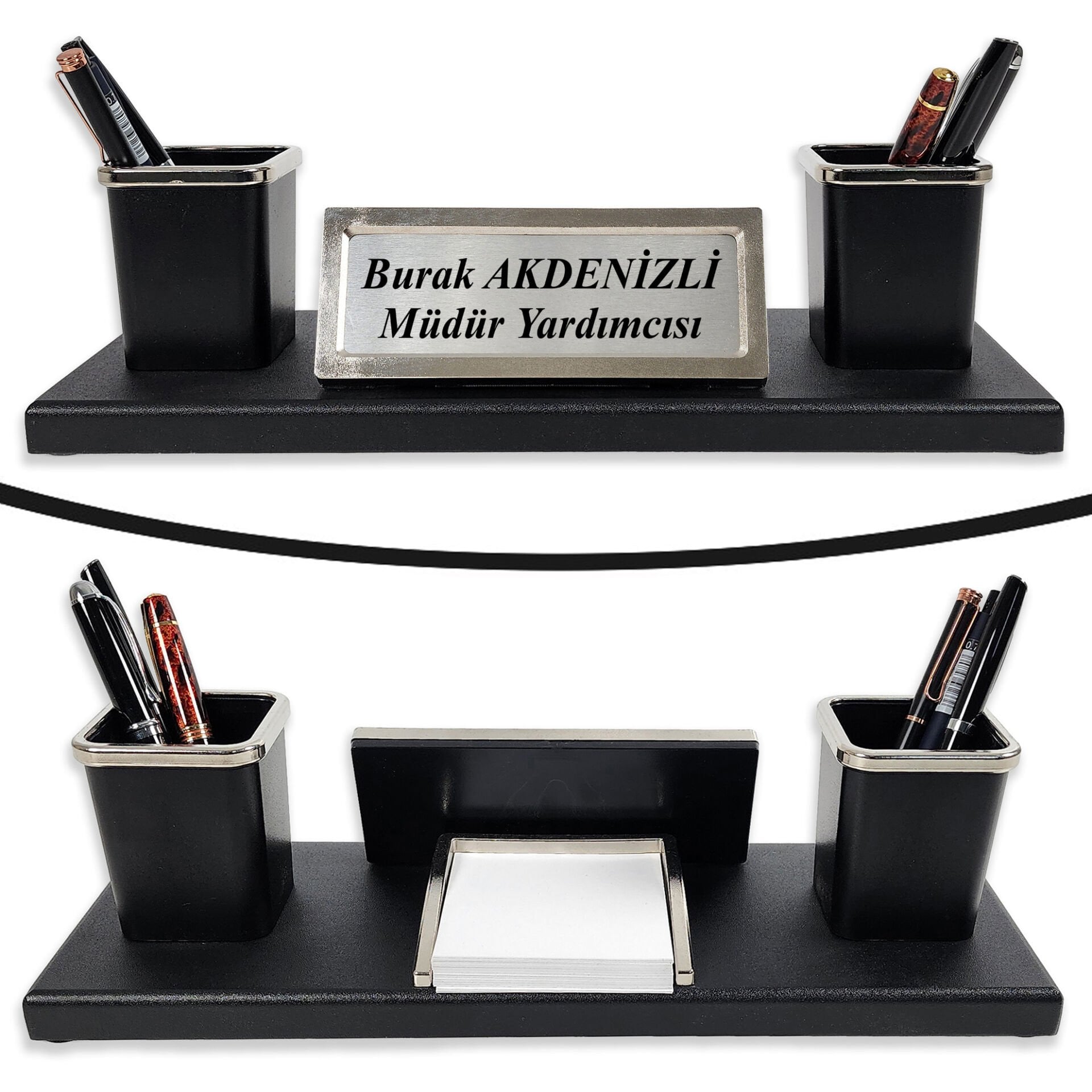 Nevila Siyah Ahşap Tabanlı Lüks Masa İsimliği İsimlik ve Kalemlik Seti
