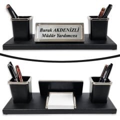 Nevila Siyah Ahşap Tabanlı Lüks Masa İsimliği İsimlik ve Kalemlik Seti