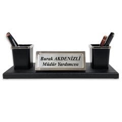 Nevila Siyah Ahşap Tabanlı Lüks Masa İsimliği İsimlik ve Kalemlik Seti