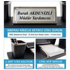 Nevila Siyah Ahşap Tabanlı Lüks Masa İsimliği İsimlik ve Kalemlik Seti