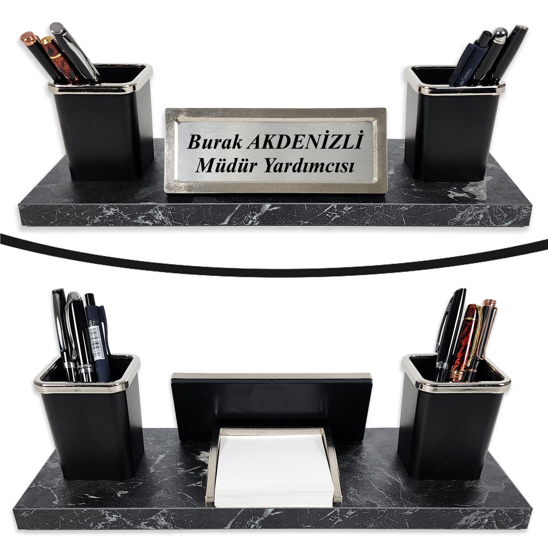 Nevila Siyah Mermer Desen Lüks Masa İsimliği Kalemlik Notluk İsimlik Seti