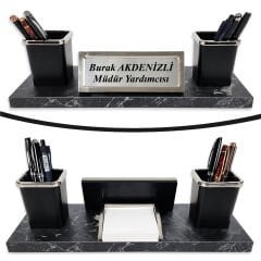 Nevila Siyah Mermer Desen Lüks Masa İsimliği Kalemlik Notluk İsimlik Seti