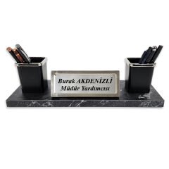 Nevila Siyah Mermer Desen Lüks Masa İsimliği Kalemlik Notluk İsimlik Seti
