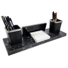 Nevila Siyah Mermer Desen Lüks Masa İsimliği Kalemlik Notluk İsimlik Seti