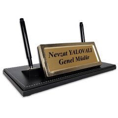 Prozenis PR2655 Altın Renk Detaylı Siyah Deri Masa Üstü İsimlik Masa İsimliği