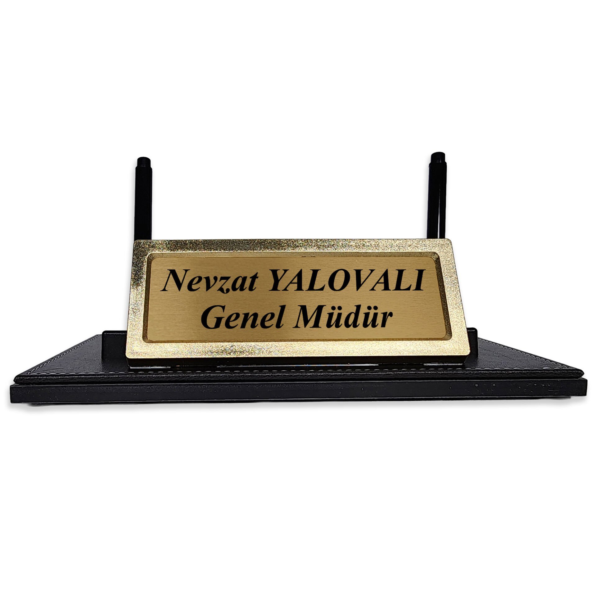 Prozenis PR2655 Altın Renk Detaylı Siyah Deri Masa Üstü İsimlik Masa İsimliği