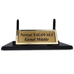 Prozenis PR2655 Altın Renk Detaylı Siyah Deri Masa Üstü İsimlik Masa İsimliği