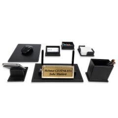 Prozenis PR47061 Altın Renk İsimlikli Lüks Siyah Deri Masa İsimliği Seti Yeni İş Ofis Hediyesi