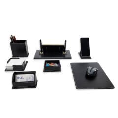 Prozenis PR47061 Altın Renk İsimlikli Lüks Siyah Deri Masa İsimliği Seti Yeni İş Ofis Hediyesi