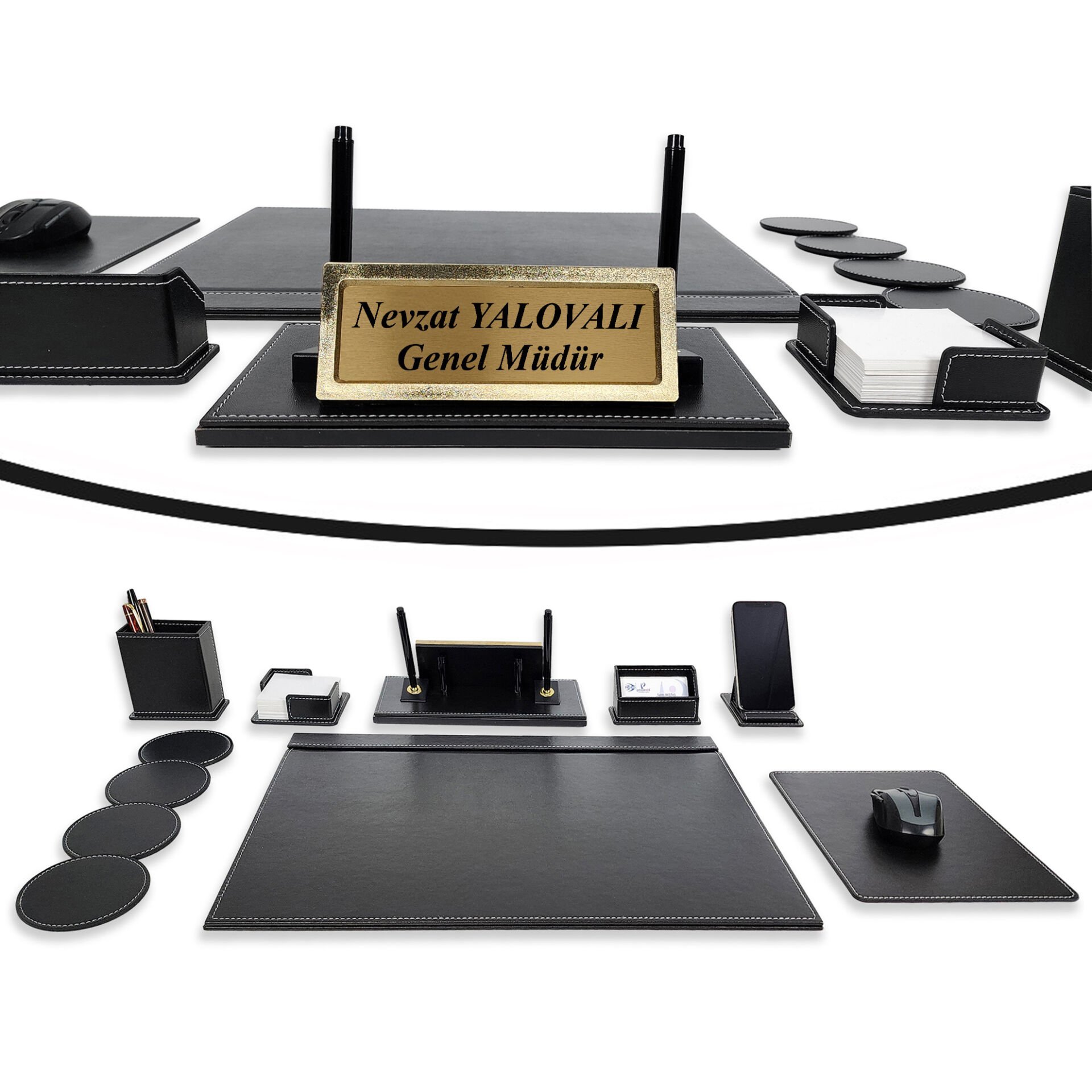 Prozenis Rota Altın Renk İsimlikli Siyah Deri Sümen Takımı Hediye Ofis Aksesuarı