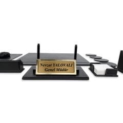 Prozenis Rota Altın Renk İsimlikli Siyah Deri Sümen Takımı Hediye Ofis Aksesuarı